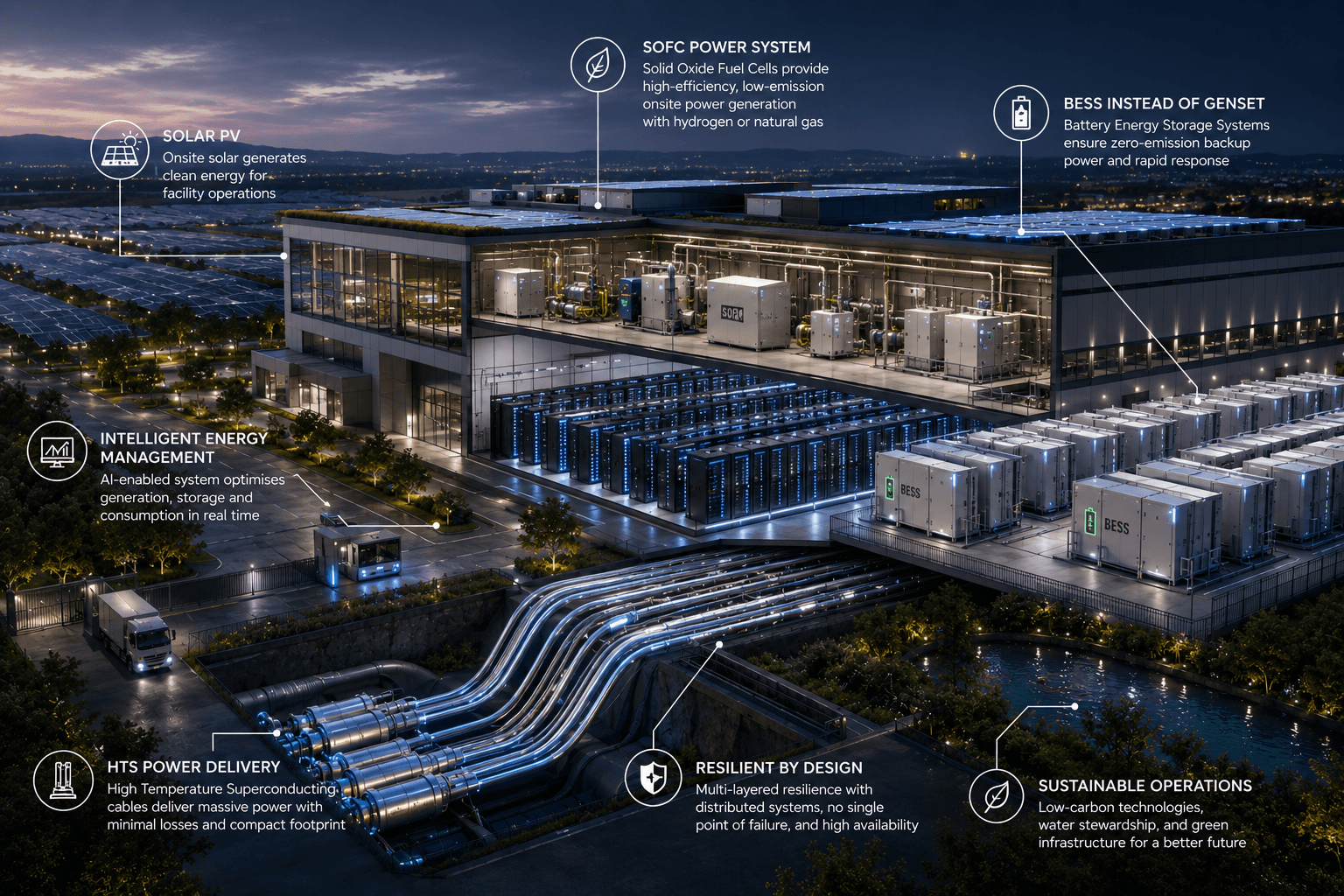 Illustrative diagram of an AI data centre campus energy stack: solar PV, onsite generation, battery energy storage, and power delivery infrastructure
